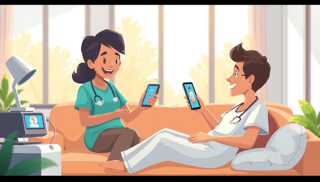 A warm, inviting scene depicting the benefits of telehealth. In the foreground, a patient relaxes on a comfortable couch, engaged in a video call with a friendly, attentive healthcare provider. The middle ground showcases smart devices and medical equipment, symbolizing the convenience and accessibility of remote care. In the background, a serene, sun-drenched room with large windows, creating a calming, natural atmosphere. The lighting is soft and diffused, accentuating the sense of comfort and care. The overall tone conveys the patient-centric approach of telehealth, with an emphasis on personalized, empathetic interactions.