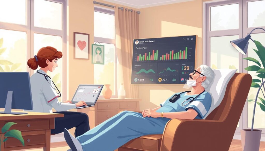 A warmly lit home office setting, with a healthcare provider on a laptop videoconferencing with a patient recovering from surgery. The patient is reclined comfortably in an armchair, wearing a medical device monitoring their vitals. In the background, a digital dashboard displays the patient's personalized care plan and progress updates. Soft, natural lighting filters through large windows, creating a sense of tranquility and personal attention. The composition emphasizes the one-on-one dynamic between the patient and provider, highlighting the benefits of tailored telehealth follow-up for post-operative care.