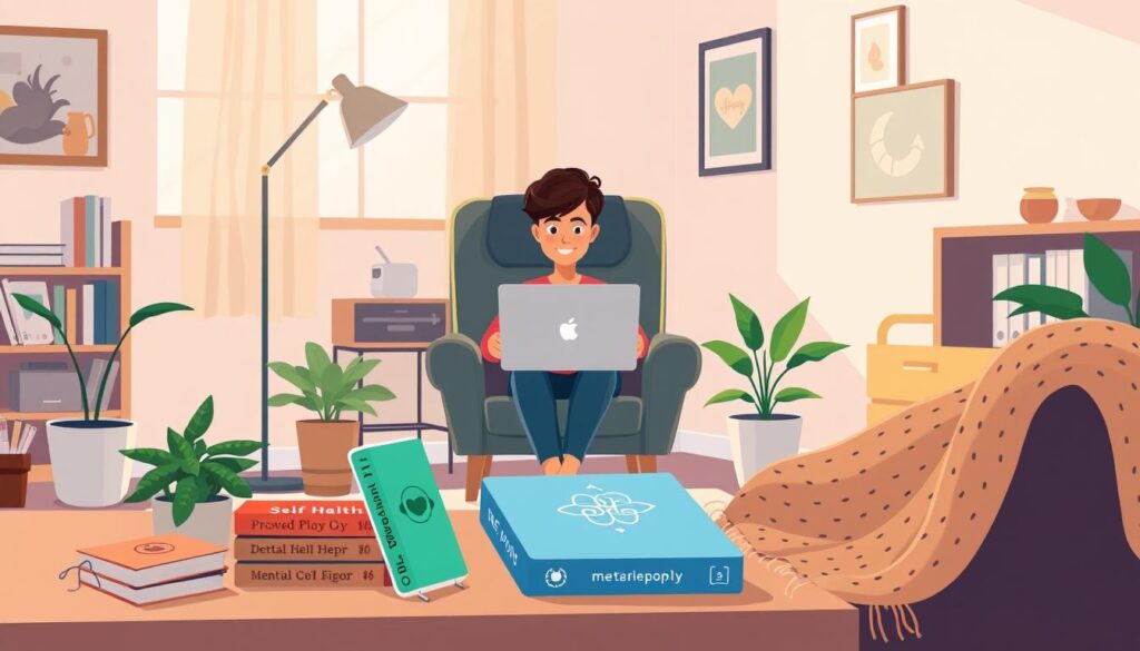 A warmly lit home office setting, with a person in a comfortable chair engaged in a video call on a laptop. In the middle ground, various mental health support materials like self-help books, a plant, and a cozy throw blanket. The background features neutral-toned walls, minimal decor, and soft natural lighting filtering through a window, creating a calming, private atmosphere conducive to open conversations about mental well-being.