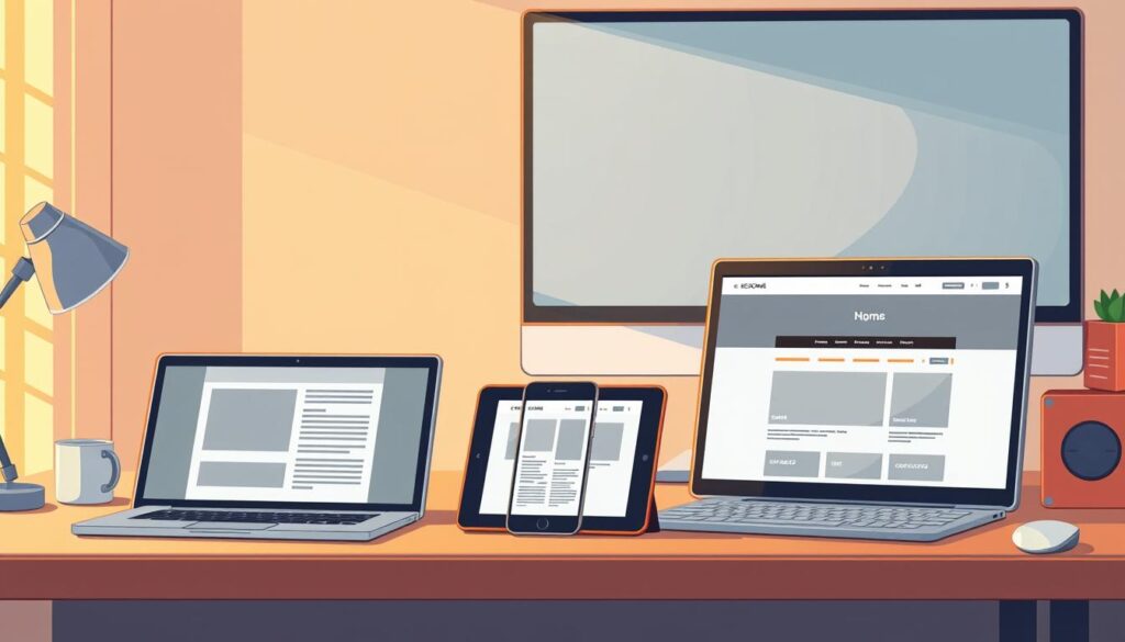 A well-equipped workspace with a variety of responsive web design tools: a laptop displaying a wireframe, a tablet showcasing mobile responsiveness, a smartphone demonstrating cross-device optimization, and a desktop monitor presenting a fully-fledged website. Warm, natural lighting illuminates the scene, casting soft shadows and highlighting the modern, minimalist aesthetic of the setup. The arrangement conveys a sense of productivity, efficiency, and the seamless integration of diverse digital platforms in the responsive web design process.