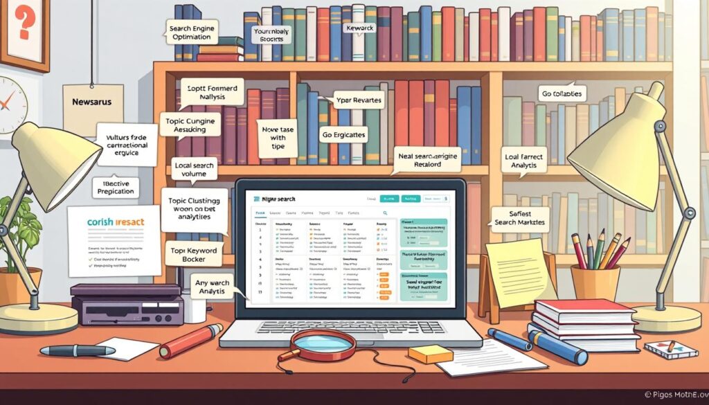 A well-lit desktop workspace featuring an array of niche-specific keyword research tools. In the foreground, a laptop displays a keyword analysis dashboard, surrounded by various software applications, including a thesaurus, topic clustering tool, and local search volume checker. In the middle ground, physical tools like a magnifying glass, highlighter, and sticky notes suggest a tactile, analytical approach. The background showcases a bookshelf with volumes on search engine optimization, digital marketing, and data analytics, creating an atmosphere of scholarly expertise. The overall composition conveys a harmonious balance of digital and analog tools, empowering the user to uncover valuable insights within their specific industry or niche.
