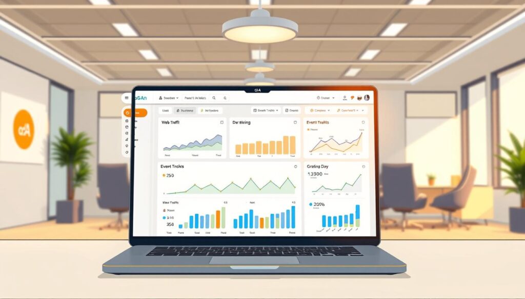A well-lit digital dashboard displaying real-time event tracking data from Google Analytics 4. The foreground features a sleek interface with interactive visualizations, charts, and graphs showcasing web traffic metrics. In the middle ground, a laptop or desktop computer setup with an open GA4 dashboard. The background has a clean, minimalist office environment with modern furnishings and subtle branding elements. Warm, natural lighting casts a soft glow across the scene, creating a professional and data-driven atmosphere.