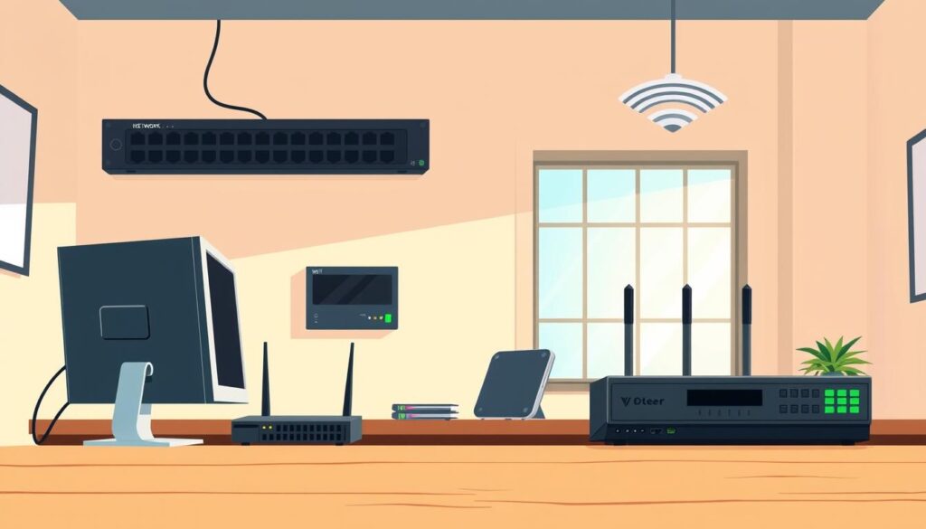A well-lit, high-angle view of a small business workspace, showcasing the core components of a secure network infrastructure. In the foreground, a desktop computer, router, and external hard drive sit neatly organized on a wooden desk. The middle ground features a wall-mounted network switch and Wi-Fi access point, their status lights blinking in a calming rhythm. In the background, a large window floods the space with natural light, casting a warm, productive atmosphere. The overall scene conveys a sense of diligence and attention to detail in maintaining a robust, yet visually clean and uncluttered small business network. A well-lit, high-angle view of a small business workspace, showcasing the core components of a secure network infrastructure. In the foreground, a desktop computer, router, and external hard drive sit neatly organized on a wooden desk. The middle ground features a wall-mounted network switch and Wi-Fi access point, their status lights blinking in a calming rhythm. In the background, a large window floods the space with natural light, casting a warm, productive atmosphere. The overall scene conveys a sense of diligence and attention to detail in maintaining a robust, yet visually clean and uncluttered small business network.