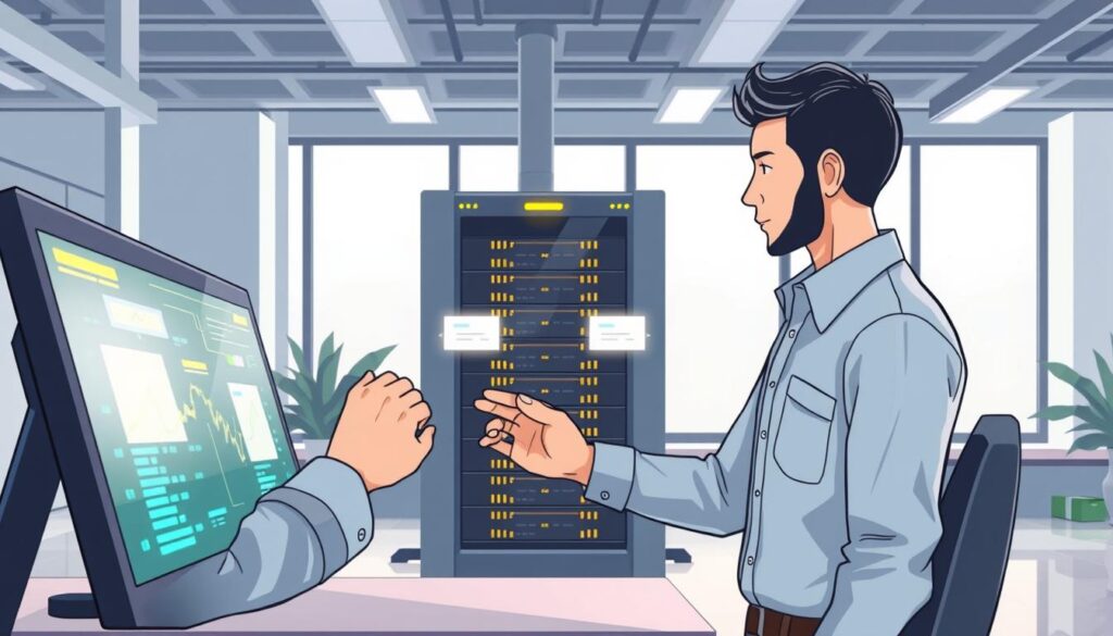 A well-lit, high-resolution image of a data labeling automation workflow. In the foreground, a person interacts with a sleek, futuristic user interface, manipulating data points and applying labels with smooth gestures. The middle ground features a server rack with glowing indicator lights, symbolizing the powerful computing infrastructure powering the automation process. The background showcases a clean, minimalist office environment with large windows allowing natural light to filter in, creating a sense of openness and efficiency. The overall mood is one of precision, technological advancement, and seamless collaboration between human and machine in the data labeling task.