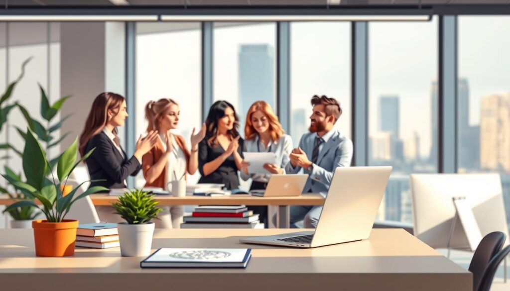 A well-lit, high-resolution image of a modern office setting, with a focus on career-driven AI training. The foreground features a desk with a laptop, books, and a potted plant, suggesting a dedicated workspace for study and research. The middle ground showcases a group of professionals deeply engaged in discussions, gesturing animatedly as they collaborate on AI-related projects. The background blurs into a sleek, minimalist office environment with large windows overlooking a cityscape, conveying a sense of progress and technological advancement. The overall mood is one of focused determination, intellectual curiosity, and a drive towards professional growth in the field of AI.