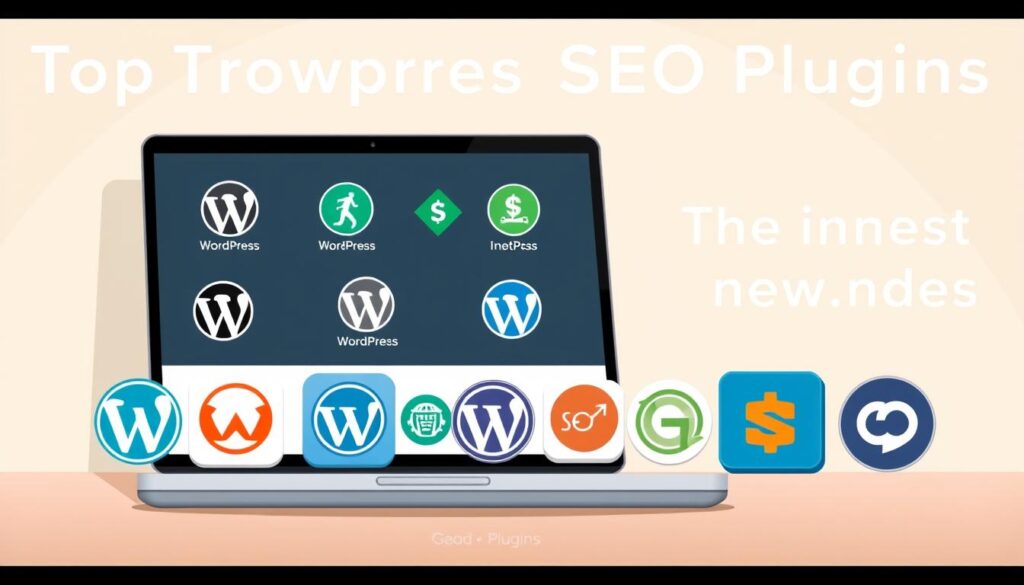 A well-lit, high-resolution image of the top WordPress SEO plugins displayed on a sleek, modern laptop against a minimalist background. The foreground showcases the plugin logos arranged in an eye-catching grid, with each plugin represented by a distinct icon. The middle ground features the laptop screen, displaying the plugin interfaces and functionality. The background is a clean, neutral tone, allowing the plugins and the laptop to take center stage. The overall composition conveys a sense of professionalism, efficiency, and the importance of effective SEO integration for website success.