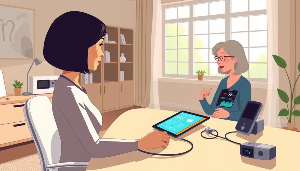 A well-lit home office setting with a woman sitting at a desk, intently focused on a tablet device displaying real-time patient health data. On the desk, various medical monitoring equipment, including a blood pressure cuff and pulse oximeter, connected wirelessly to the tablet. The room is clean, modern, and calming, with large windows allowing natural light to fill the space. Warm, muted tones create a professional yet comfortable atmosphere, conveying the seamless integration of technology and personalized at-home care.