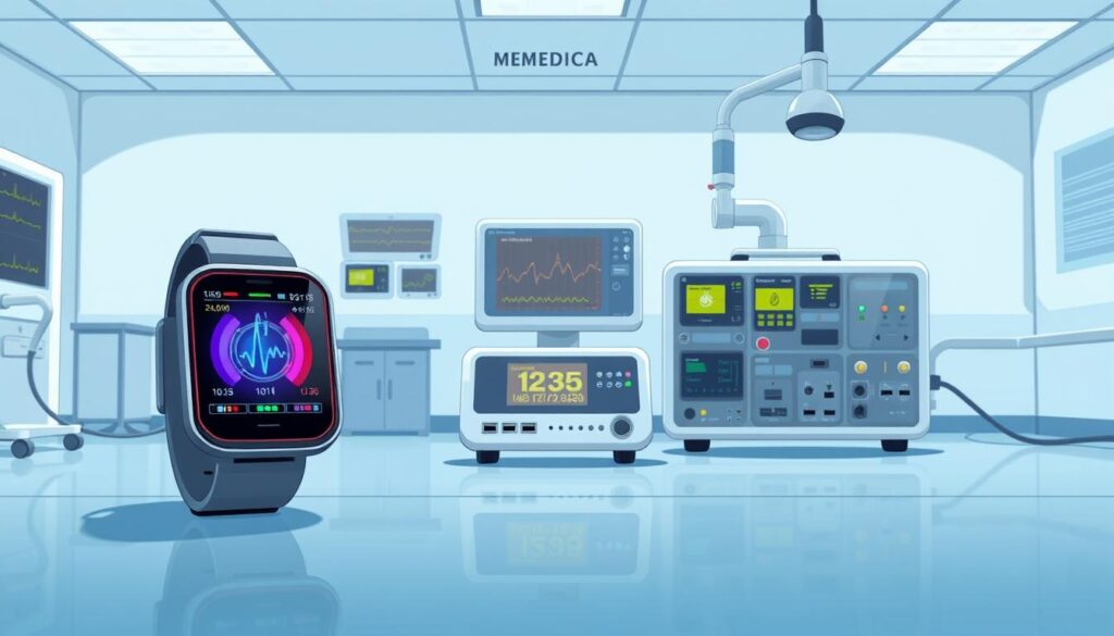 A well-lit medical laboratory setting, featuring an assortment of advanced remote health monitoring devices. In the foreground, a sleek, modern wearable device with a vibrant display, sensors, and wireless connectivity. In the middle ground, a compact tabletop unit with a touchscreen interface, various ports, and a minimalist design. In the background, a larger medical-grade device with a robust, industrial aesthetic, multiple display panels, and an array of input/output connections. The overall atmosphere conveys a sense of cutting-edge technology, precision, and the future of telemedicine.