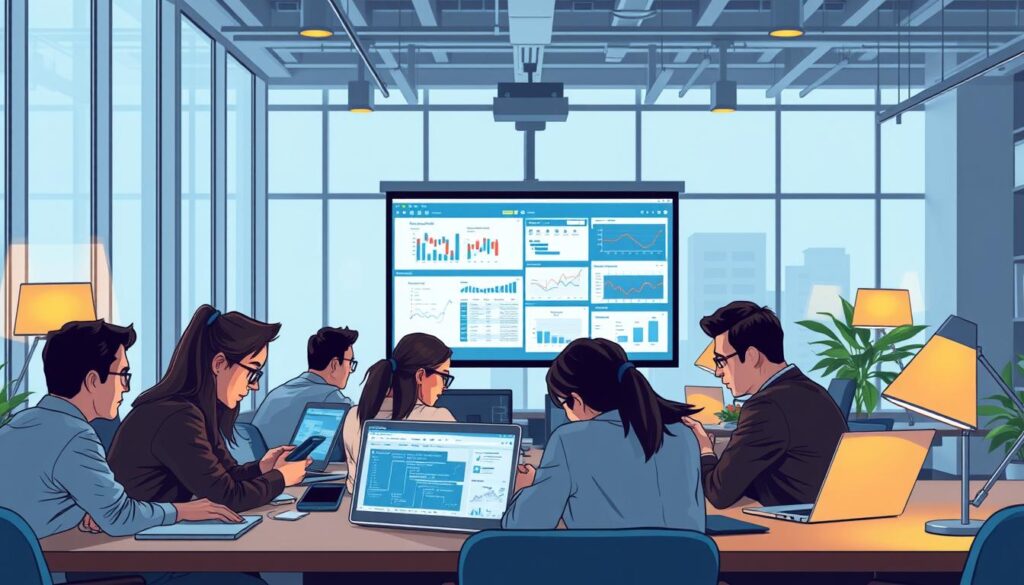 A well-lit, modern office workspace. In the foreground, a group of professionals intently studying sentiment analysis software on their laptops, their faces filled with focus and concentration. The middle ground showcases a large projected screen displaying complex data visualizations and sentiment analysis dashboards. In the background, floor-to-ceiling windows flood the room with natural light, creating a bright and airy atmosphere. The team is dressed in casual, professional attire, conveying a sense of collaborative, tech-savvy work culture. Subtle, warm lighting from desk lamps and task lighting illuminates the scene, creating a productive and engaged mood.