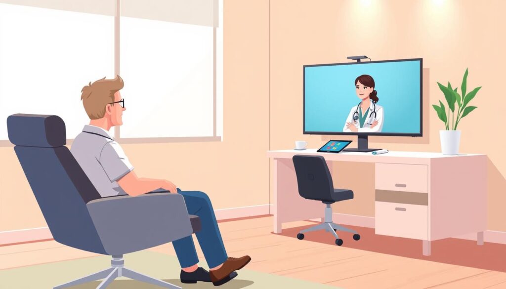 A well-lit, modern telehealth consultation room. In the foreground, a patient sits comfortably on an ergonomic chair, engaged in a video call with their healthcare provider, who appears on a high-resolution display. The middle ground features a sleek, clean-lined desk with a tablet and other medical equipment, conveying a sense of professionalism and advanced technology. The background showcases soothing, neutral-toned walls and gentle lighting, creating a calming, welcoming atmosphere. The overall scene emphasizes the convenience, personalized care, and enhanced patient-provider interaction enabled by telemedicine.