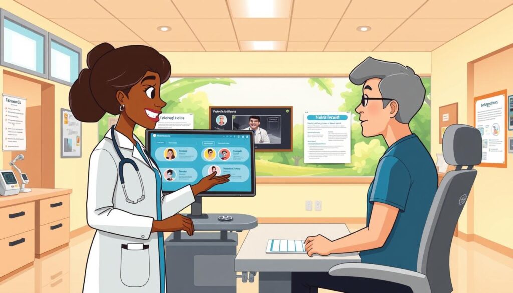 A well-lit, spacious medical office with a warm, inviting atmosphere. In the foreground, a healthcare professional engages with a patient on a large touchscreen display, demonstrating telehealth features and best practices. Beside them, an ergonomic workstation showcases state-of-the-art telehealth equipment, such as high-definition cameras, microphones, and secure video conferencing software. The middle ground features informative posters and educational materials outlining telehealth benefits and guidelines. The background depicts a calming, nature-inspired mural, conveying a sense of comfort and wellness. The overall scene radiates professionalism, technology, and a patient-centric approach to integrated telehealth services.
