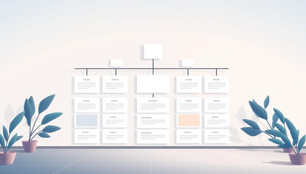 A well-organized visual hierarchy, showcasing a clean and modern web design layout. In the foreground, a prominent focal point commands attention, surrounded by harmonious elements that guide the viewer's eye through the composition. The middle ground features a balanced grid of content blocks, with varying sizes and positions creating a sense of hierarchy. In the background, a soft, gradient-based color palette sets a calming, professional tone. Lighting is gentle, with strategic shadows accentuating the depth and dimensionality of the design. The camera angle is slightly elevated, allowing for an expansive view of the overall layout and its elegant, intuitive structure.