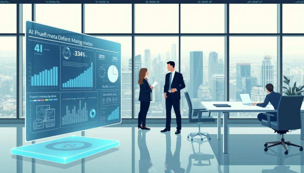 An AI-powered property management system in a modern office environment. In the foreground, a holographic display shows real-time data analytics and tenant information. In the middle ground, a team of property managers collaborate using AI-assisted decision-making tools. The background features a sleek, minimalist office interior with floor-to-ceiling windows overlooking a bustling cityscape. Soft, diffused lighting creates a professional, efficient atmosphere. The scene conveys the seamless integration of AI technology into the day-to-day operations of property management, optimizing workflows and enhancing decision-making.