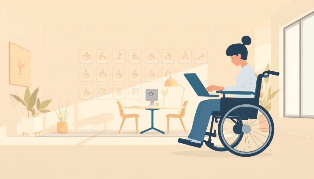 An accessible user interface design with clean lines, soft lighting, and a warm color palette. In the foreground, a person in a wheelchair interacts with a laptop, showcasing thoughtful placement of controls and intuitive navigation. The middle ground features various accessibility icons and symbols, highlighting inclusive design elements. In the background, a serene office setting with ample natural light and minimalist decor, conveying a sense of comfort and ease of use. The overall mood is one of inclusivity, simplicity, and attention to the diverse needs of users.
