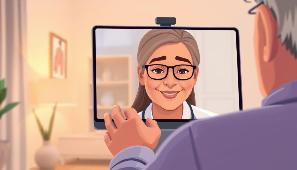 An intimate telehealth consultation, a specialist's soothing presence on a high-resolution display. Soft, warm lighting illuminates their caring expression as they listen intently, building a connection across the digital divide. The patient's face is framed by a sleek, modern device, conveying the seamless integration of remote healthcare. In the background, a minimalist home interior provides a serene, private setting, allowing the specialist's expertise to expand access beyond physical boundaries.