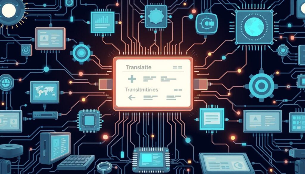 An intricate network of automated translation algorithms and language processing technologies, meticulously calibrated to streamline cross-lingual communication. Sleek, minimalist interfaces showcase real-time language conversions, with data visualizations and interactive dashboards providing intuitive oversight. Precision-engineered microchips and state-of-the-art neural networks hum with computational power, seamlessly bridging linguistic divides in a modern, efficient workflow. A cool, futuristic ambiance pervades the scene, with subtle backlighting and clean, geometric design elements evoking a sense of technological mastery over the challenges of multilingual content creation.