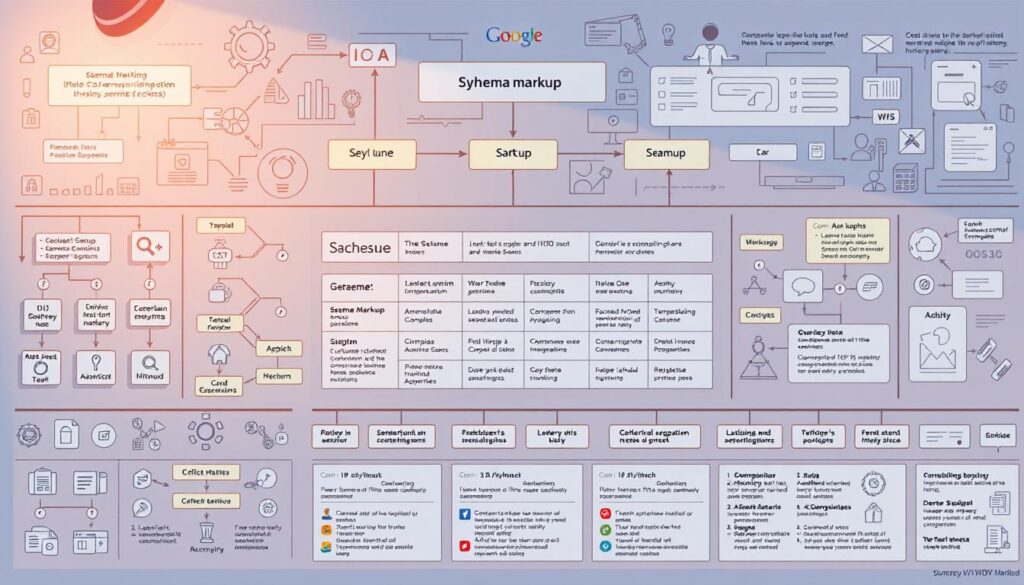 An intricately detailed schematic diagram depicting the different types of schema markup, illuminated by soft, warm lighting and rendered with a technical, engineering-inspired aesthetic. The foreground showcases a clean, structured layout of various schema markup symbols, icons, and labels, neatly organized and color-coded. The middle ground features a grid-like arrangement of schema markup examples, each clearly explained and connected to the corresponding symbols. The background subtly blends technical illustrations, wireframes, and data visualizations, creating a cohesive, informative, and visually striking composition.