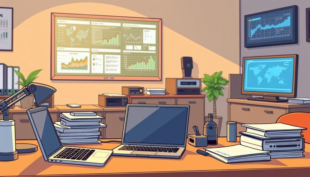 An office desk with a laptop, files, and various data-gathering devices, bathed in warm, indirect lighting. In the background, a wall-mounted display shows visualizations of the collected data. The scene conveys a sense of productive, analytical focus, with a clean, minimalist aesthetic that reflects the precision and care required for effective data collection to support predictive modeling strategies.