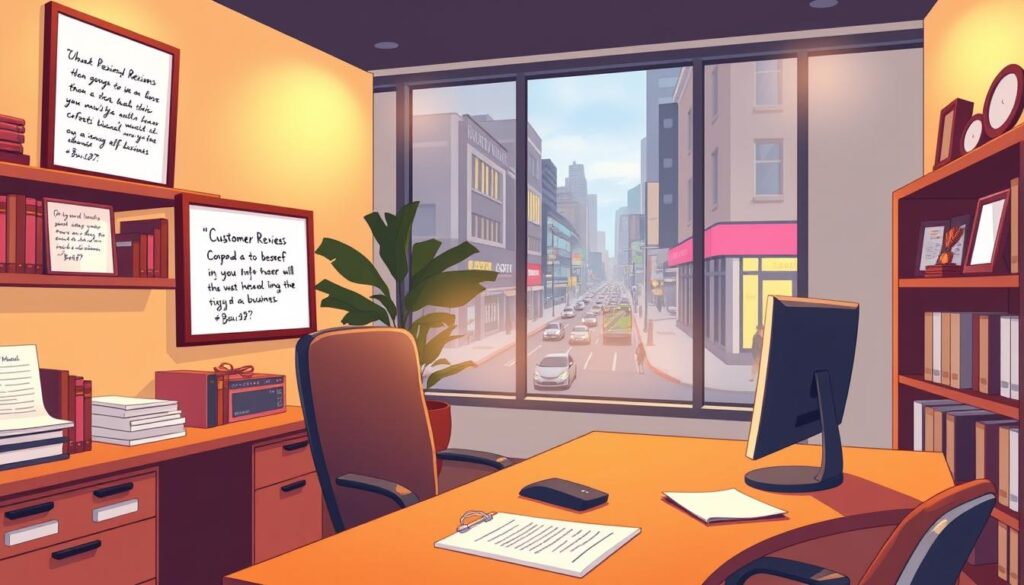 An office interior with a desk, computer, and framed customer reviews prominently displayed. Warm, inviting lighting casts a soft glow, creating a professional yet approachable atmosphere. The reviews are handwritten, conveying a personal touch. In the background, shelves filled with business books and awards suggest a track record of success. A large window overlooking a bustling city street adds depth and a sense of connection to the local community. The overall scene emphasizes the importance of positive customer feedback and a strong local reputation for driving business growth. An office interior with a desk, computer, and framed customer reviews prominently displayed. Warm, inviting lighting casts a soft glow, creating a professional yet approachable atmosphere. The reviews are handwritten, conveying a personal touch. In the background, shelves filled with business books and awards suggest a track record of success. A large window overlooking a bustling city street adds depth and a sense of connection to the local community. The overall scene emphasizes the importance of positive customer feedback and a strong local reputation for driving business growth.