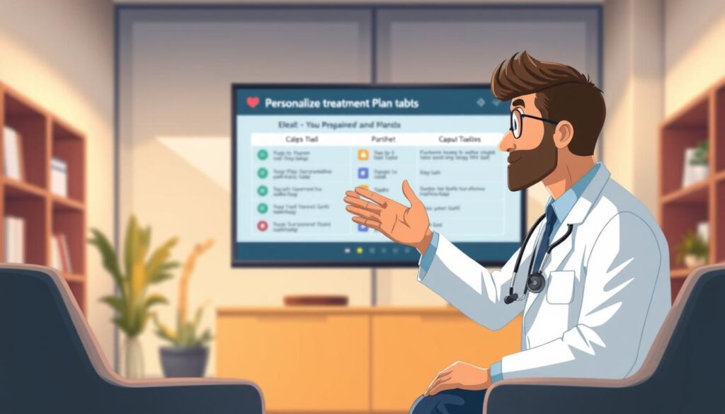 An office setting with a doctor and patient reviewing personalized treatment plans on a large digital display. The doctor is gesturing towards the screen, explaining the customized recommendations. The patient is engaged, nodding thoughtfully. Soft, warm lighting illuminates the scene, creating an atmosphere of care and collaboration. The background blurs softly, keeping the focus on the foreground interaction. The composition is balanced, with the display and figures positioned to create a sense of connection and understanding. The overall tone is one of a successful, modern telehealth consultation, where personalized care is at the forefront.