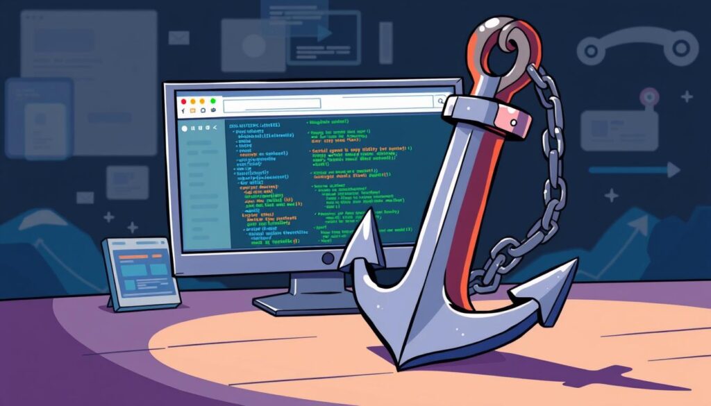 Detailed digital illustration of anchor text for SEO, depicting a sturdy metallic anchor with a chain attached, set against a backdrop of a computer monitor, website code, and search engine elements. The anchor is the focal point, prominently displayed in the foreground, with a strong, industrial aesthetic. The middle ground features various digital elements related to search engine optimization, such as browser windows, lines of code, and data visualizations. The background suggests a digital landscape, with subtle gradients and geometric patterns. The lighting is crisp, with strategic highlights emphasizing the metallic nature of the anchor and the technological environment. The overall mood is authoritative, technical, and impactful, conveying the importance of anchor text optimization for successful SEO. Detailed digital illustration of anchor text for SEO, depicting a sturdy metallic anchor with a chain attached, set against a backdrop of a computer monitor, website code, and search engine elements. The anchor is the focal point, prominently displayed in the foreground, with a strong, industrial aesthetic. The middle ground features various digital elements related to search engine optimization, such as browser windows, lines of code, and data visualizations. The background suggests a digital landscape, with subtle gradients and geometric patterns. The lighting is crisp, with strategic highlights emphasizing the metallic nature of the anchor and the technological environment. The overall mood is authoritative, technical, and impactful, conveying the importance of anchor text optimization for successful SEO.