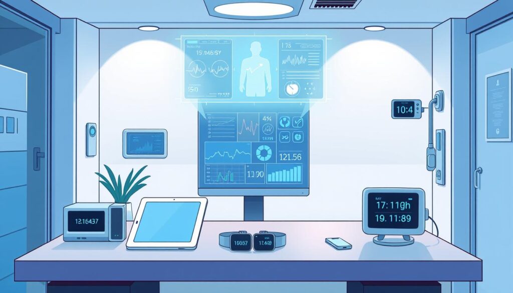 Detailed medical technology display with HIPAA remote patient monitoring system. Sleek modern hospital workspace with tablet, wearable devices, and data visualizations. Subtle blue and white color palette, clean lines, and soft lighting to convey a professional, secure, and regulatory-compliant atmosphere. Holographic patient vitals and data analytics projected above the desk, showcasing advanced remote monitoring capabilities. Subtle branding and interface elements that suggest a cutting-edge telemedicine solution aligned with HIPAA guidelines.