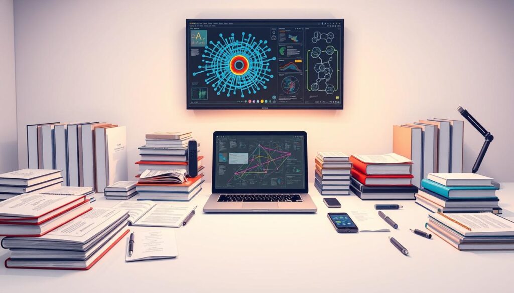 Detailed technical AI education resources spread across a clean, minimalistic desk. In the foreground, various textbooks, reference manuals, and smart devices sit neatly arranged. The middle ground features a laptop displaying interactive learning modules and simulations. In the background, a large monitor showcases complex neural network visualizations and algorithmic diagrams, illuminating the intricate nature of AI systems. Soft, directional lighting casts a warm, contemplative atmosphere, emphasizing the thoughtful, scholarly nature of AI education. The overall scene conveys a sense of organized learning, research, and the pursuit of knowledge in the field of artificial intelligence.