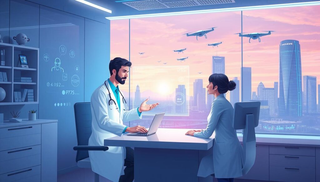 High-tech telemedicine connectivity with glowing data streams and holographic interfaces. A futuristic medical office scene with a doctor and patient conversing via a seamless virtual display. Soft blue and violet lighting illuminates the space, creating a calming, futuristic atmosphere. The doctor's desk features advanced diagnostic equipment and a sleek, minimalist design. In the background, a city skyline with towering smart buildings and drones in the sky, symbolizing the integration of cutting-edge technology in modern healthcare. The overall composition conveys the power of technology to enhance remote medical consultations and communication. High-tech telemedicine connectivity with glowing data streams and holographic interfaces. A futuristic medical office scene with a doctor and patient conversing via a seamless virtual display. Soft blue and violet lighting illuminates the space, creating a calming, futuristic atmosphere. The doctor's desk features advanced diagnostic equipment and a sleek, minimalist design. In the background, a city skyline with towering smart buildings and drones in the sky, symbolizing the integration of cutting-edge technology in modern healthcare. The overall composition conveys the power of technology to enhance remote medical consultations and communication.
