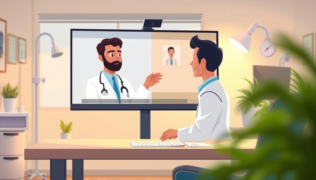 Tranquil telehealth consultation room with a professional dermatologist conversing remotely with a patient on a large desktop monitor. The doctor is wearing a white lab coat, analyzing skin conditions with a thoughtful expression. The patient's face is obscured, conveying privacy. Warm, natural lighting illuminates the scene, creating a calming atmosphere. The background features clean, modern medical equipment and decor, emphasizing the advanced, yet accessible nature of remote dermatology. Subtle lens blur and depth of field draw the viewer's attention to the core interaction, highlighting the convenience and personalized care of this telemedicine approach.