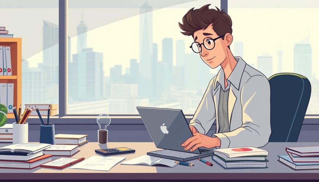 a beginners guide to machine learning, a new data scientist sits at a desk with a laptop and reference books, soft natural lighting illuminates the scene, the workspace is organized with various objects like calculators, notebooks, and pencils, the mood is one of focused learning and discovery, a large window in the background shows a cityscape with skyscrapers, the scene captures the excitement and potential of starting a journey into the world of AI and data analysis