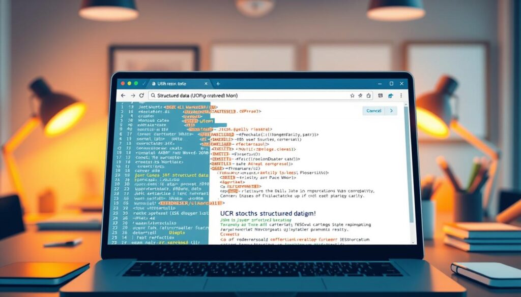 a closeup detailed view of structured data markup code, with a complex JSON schema structure in the center, surrounded by a web browser with a search engine results page (SERP) displaying rich snippets in the foreground. The background is a soft, blurred image of a modern office workspace with a laptop, desk, and other office supplies. Warm lighting from the sides creates a sense of depth and emphasizes the technical nature of the subject. The overall mood is one of professionalism, expertise, and the importance of structured data for search engine optimization (SEO).