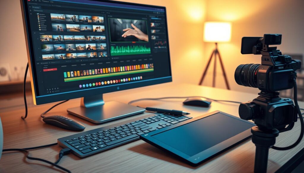 a closeup shot of a video editing workstation, showcasing a powerful computer monitor displaying a timeline of video clips, audio waveforms, and various editing tools. the desk is cluttered with a sleek keyboard, a high-resolution graphics tablet, and a professional-grade camera connected via a high-speed cable. the lighting is soft and even, creating a warm, focused atmosphere. the background is blurred, hinting at an artist's studio or a modern, minimalist creative space. the overall composition emphasizes the focus and attention to detail required for crafting engaging video content.