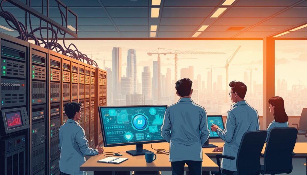 a detailed digital illustration of a modern office setting, with a focus on artificial intelligence implementation services. in the foreground, a team of data scientists and engineers gathered around a large interactive display, analyzing complex AI models and algorithms. in the middle ground, servers and racks of computing hardware, with cables and blinking lights, representing the underlying infrastructure powering the AI systems. in the background, a panoramic city skyline, with skyscrapers and construction cranes, symbolizing the rapid technological progress and the challenges of AI adoption. the lighting is warm and focused, creating a sense of productivity and innovation. the overall composition conveys the technical complexity, collaborative nature, and real-world applications of AI implementation services.