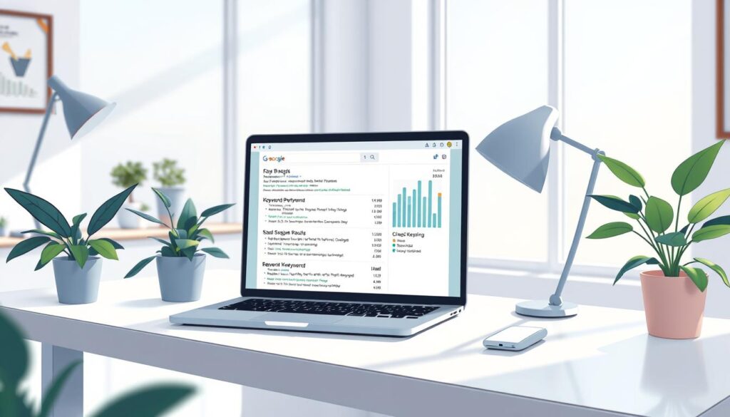 a detailed digital illustration of keyword tracking, showcasing a laptop screen displaying search engine results with highlighted keywords, surrounded by a clean, modern workspace with a minimalist desk, plants, and natural lighting filtering through large windows. The image should convey a sense of data-driven analysis, with the laptop screen prominently displaying keyword performance metrics and trends. The overall mood should be one of productivity, organization, and a focus on SEO optimization.