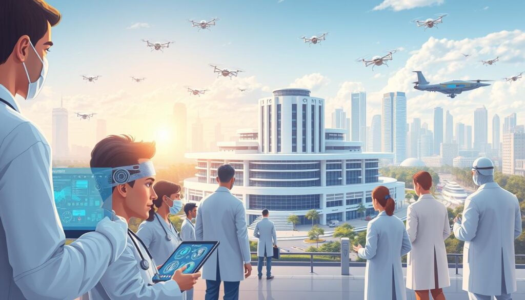 a detailed, futuristic scene of AI technology in a modern healthcare setting. the foreground features a group of medical professionals using advanced diagnostic and treatment devices, such as holographic displays, robotic surgical arms, and AI-powered patient monitoring systems. in the middle ground, there is a large, sleek, and interconnected hospital building with a clean, minimalist aesthetic, reflecting the integration of AI and cutting-edge technology. the background showcases a cityscape with towering skyscrapers, autonomous vehicles, and drones, all working together to create a vision of a highly technologically advanced and efficient healthcare system. the scene is illuminated by a warm, natural light, creating a sense of calm and innovation. the overall mood is one of progress, sophistication, and the vast potential of AI in transforming the future of healthcare.