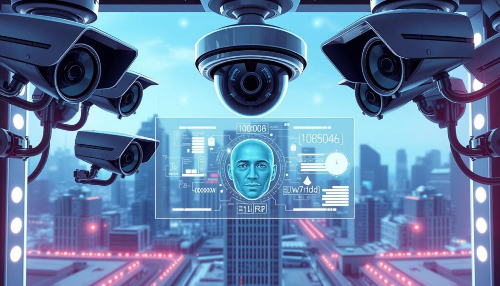 a detailed photorealistic image of the latest advancements in facial recognition technology, showcasing a sophisticated surveillance system. The foreground features an array of high-resolution cameras, sensors, and infrared scanners, meticulously capturing facial features and biometric data. In the middle ground, a sleek, minimalist control panel displays real-time facial recognition analysis, with algorithms processing complex data streams. The background depicts a futuristic cityscape, with skyscrapers and urban infrastructure, highlighting the integration of this cutting-edge technology into the modern landscape. The scene is illuminated by a cool, blue-tinted lighting, creating a sense of technological precision and efficiency.