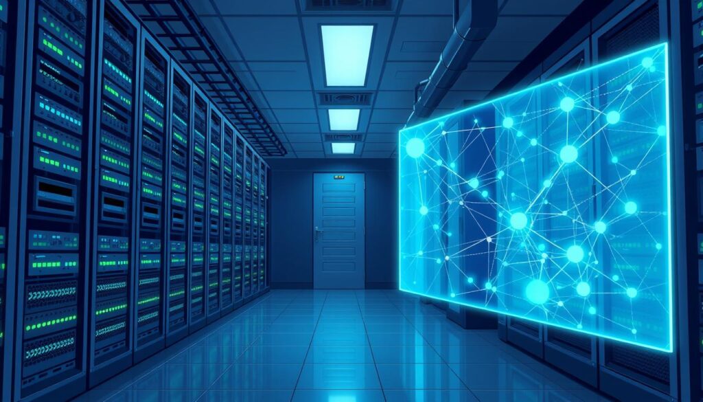 a high-tech data center with rows of server racks and blinking lights, illuminated by cool blue and green lighting, with a holographic display in the foreground showing a visual representation of IoT sensor data flowing through interconnected nodes, the scene conveying the efficient management and analysis of vast amounts of real-time IoT data