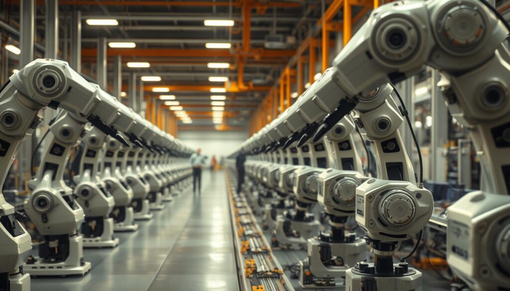 a highly detailed cinematic photograph of a modern industrial factory floor, with rows of advanced robotic arms and machinery working in synchronization, their movements precisely coordinated by an intelligent control system. The scene is bathed in a warm, diffused lighting that highlights the sleek, metallic surfaces of the robots, creating a sense of efficiency and technological prowess. In the background, a team of human workers monitors the operations, their roles complementing the capabilities of the robotic workforce. The overall atmosphere conveys a harmonious and productive collaboration between humans and machines, showcasing the transformative impact of AI-driven robotics on the modern industrial landscape.