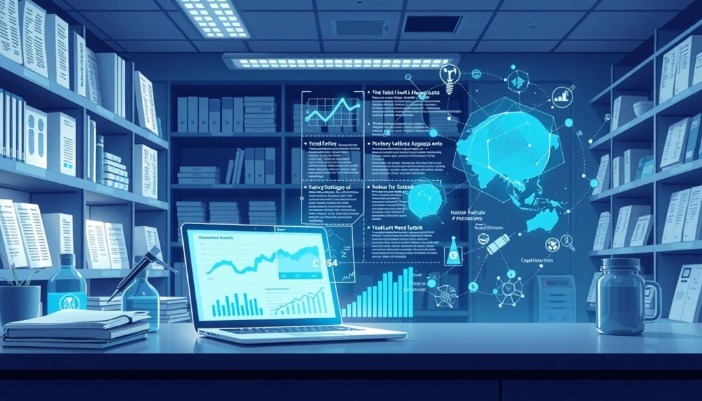 a highly detailed, hyper-realistic digital illustration of a modern medical research laboratory, with shelves of medical texts and reports, a laptop displaying charts and graphs of healthcare data analytics, and a glowing holographic display in the foreground showing complex natural language processing algorithms analyzing and visualizing patient medical records. The scene is bathed in a cool, clinical lighting, with a sense of quiet contemplation and the transformative potential of text mining in the healthcare field. The overall mood is one of cutting-edge innovation and the advancement of medical knowledge through advanced data and text analysis techniques.