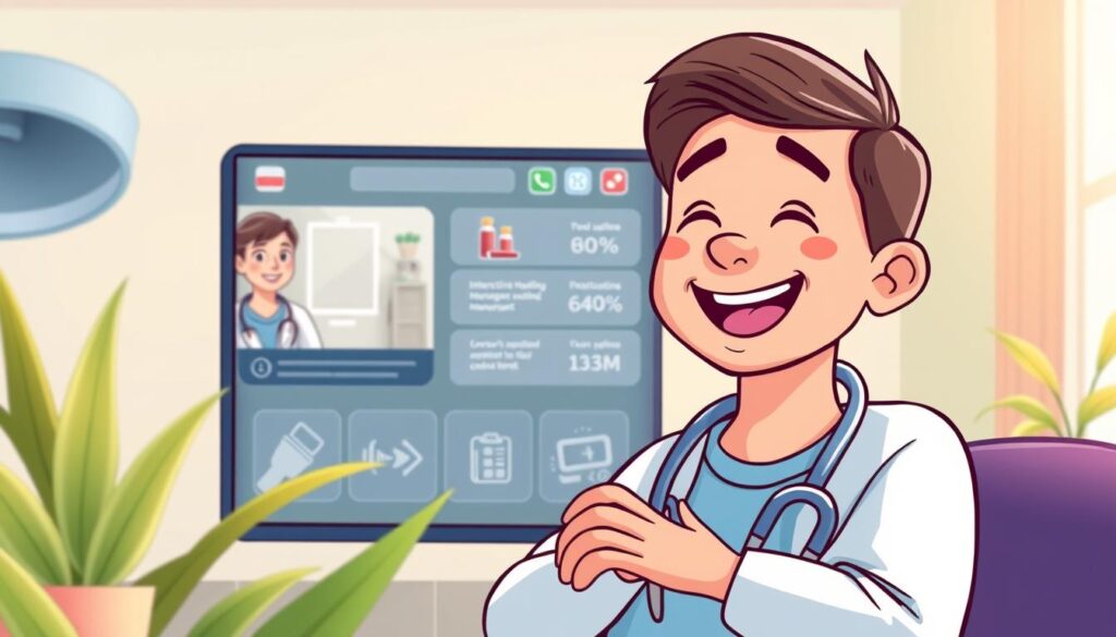 a vibrant and engaging virtual healthcare scene, featuring a well-designed user interface with intuitive navigation, smooth video conferencing, and seamless access to personalized wellness data. The foreground showcases a young, smiling patient enthusiastically engaging with their healthcare provider through a high-definition video call, conveying a sense of enhanced patient-provider interaction and collaboration. The middle ground depicts a range of helpful digital tools and resources, such as interactive health tracking, medication management, and educational content, all designed to empower the patient and promote healthier living. The background features a serene, calming environment with natural elements like plants and soft lighting, creating a sense of wellness and relaxation. The overall scene should radiate a mood of optimized, personalized, and empowering virtual care, reflective of the "Enhanced Patient Engagement" theme.