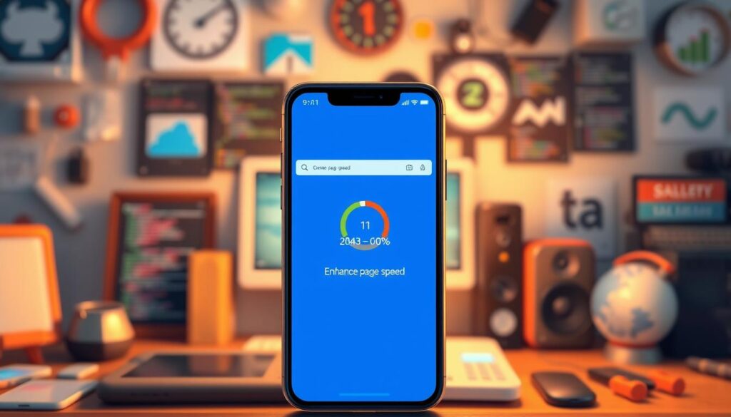 high-resolution, hyper-detailed, 8k, photorealistic image of a mobile phone screen displaying a website with a loading progress bar and an "Enhance Page Speed" message, set against a blurred background of various mobile devices and web development tools such as code editors, servers, and optimization software, with a soft, warm lighting creating a technical yet inviting atmosphere, emphasizing the importance of mobile site speed optimization for SEO.