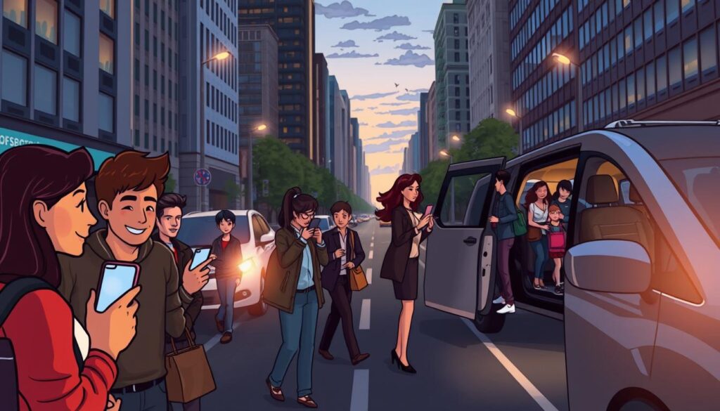 A bustling city street at dusk, with a diverse array of people hailing personalized ride experiences. In the foreground, a group of friends eagerly awaiting their on-demand vehicle, their faces illuminated by the warm glow of their smartphones. In the middle ground, a professional executive stepping into a sleek, autonomous car, tailored to her precise preferences. In the background, a family loading their bags into a spacious ridesharing van, ready for a seamless journey. The scene is captured with a cinematic lens, showcasing the nuanced interactions and the integration of technology into everyday transportation. The overall mood is one of efficiency, convenience, and a sense of individuality within the urban landscape.