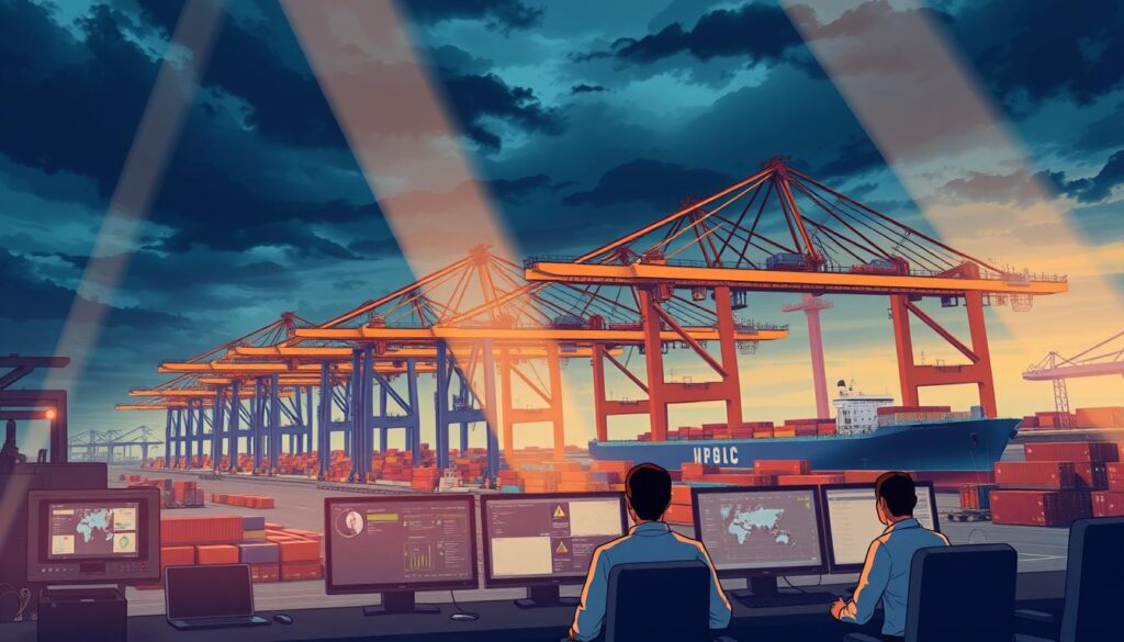 A bustling, state-of-the-art port facility, with sleek, automated cargo handling equipment, AI-powered logistics systems, and a backdrop of towering container cranes against a dramatic, moody sky. In the foreground, a team of port operators monitoring real-time data on screens, making informed decisions to optimize workflows and minimize delays. Subtle rays of warm, directional lighting cast shadows, adding depth and dynamism to the scene. The overall atmosphere conveys the efficiency, innovation, and collaborative nature of a modern, AI-enabled smart port, benefiting a range of stakeholders, from cargo owners to shipping companies and local communities.