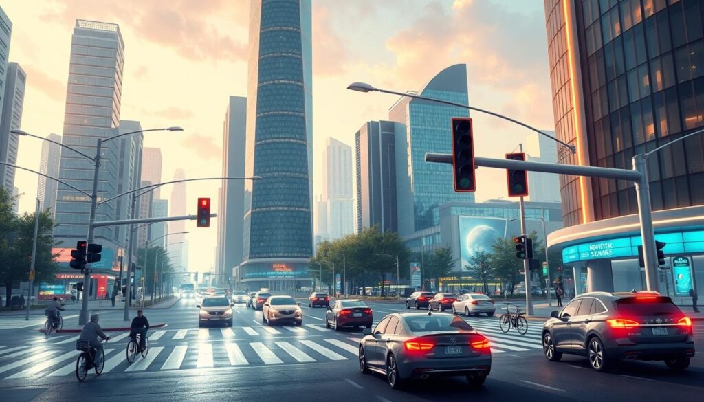 A busy intersection in a futuristic smart city, where advanced traffic signals seamlessly coordinate the flow of autonomous vehicles, bicycles, and pedestrians. The signals are sleek, LED-illuminated structures that elegantly blend into the modern urban architecture. Towering skyscrapers and high-tech buildings form the backdrop, bathed in warm, diffused lighting that creates a sense of technological sophistication. The scene conveys an atmosphere of efficiency, safety, and environmental sustainability, reflecting the successful implementation of AI-powered traffic management in this thriving metropolis. A busy intersection in a futuristic smart city, where advanced traffic signals seamlessly coordinate the flow of autonomous vehicles, bicycles, and pedestrians. The signals are sleek, LED-illuminated structures that elegantly blend into the modern urban architecture. Towering skyscrapers and high-tech buildings form the backdrop, bathed in warm, diffused lighting that creates a sense of technological sophistication. The scene conveys an atmosphere of efficiency, safety, and environmental sustainability, reflecting the successful implementation of AI-powered traffic management in this thriving metropolis.