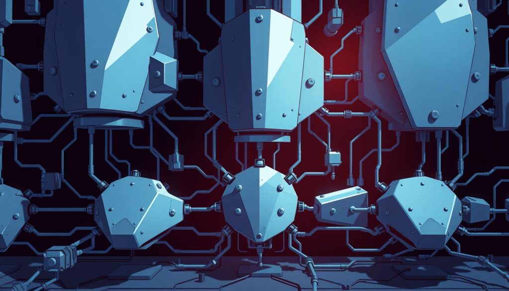 A complex and intricate arrangement of interconnected machine learning models, each representing a distinct approach or algorithm. Sleek, futuristic forms in shades of blues and grays, with subtle highlights and reflections, conveying a sense of advanced technology and data-driven intelligence. The models are positioned in a symmetrical, almost architectural layout, creating a visually compelling and technically sophisticated scene. Dramatic lighting casts dramatic shadows, adding depth and dimensionality to the image. The overall impression is one of sophistication, innovation, and the power of data-driven decision-making.