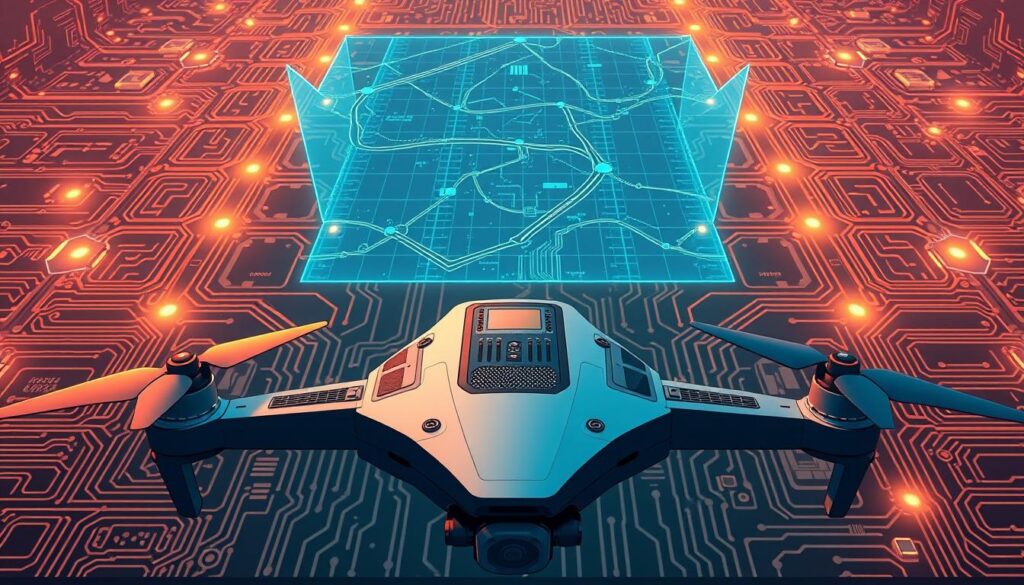 A complex network of interconnected circuits and processors, representing the machine learning algorithms and navigation systems that power an autonomous drone. The foreground features a sleek, angular drone chassis with intricate control panels and sensor arrays. The middle ground showcases a holographic display projecting real-time data and telemetry, while the background is filled with a three-dimensional grid of navigational waypoints and pathways. Warm lighting casts a glow over the scene, creating a sense of technological sophistication and precision. The overall atmosphere conveys the advanced capabilities and intelligent decision-making that enable the drone's autonomous flight and delivery.