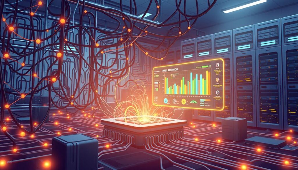A complex network of nodes and connections, representing the intricate AI-powered telecom fraud detection system. In the foreground, a central processing unit pulsates with energy, surrounded by intricate circuits and data streams. The middle ground features a holographic display showcasing real-time fraud analysis, with colorful graphs and visualizations. In the background, towering server racks hum with the processing power required to handle massive telecom data flows. Soft, ambient lighting casts an authoritative, futuristic atmosphere, emphasizing the advanced technological capabilities of this AI-driven solution.