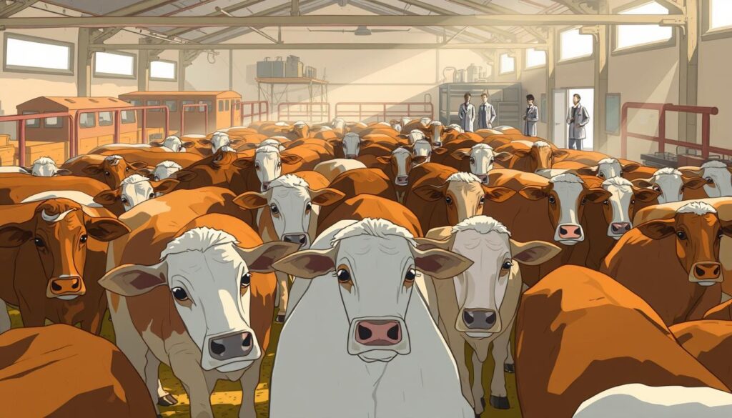 A complex scene of a livestock pen, with a focus on the challenges faced by vision AI systems. The foreground features a herd of cattle, their diverse features and movements creating a dynamic environment. The middle ground showcases various obstacles, such as obstructing structures, changing lighting conditions, and dust/debris, which impede clear visual detection. In the background, a team of researchers observes the scene, considering the technical hurdles of deploying robust, accurate AI-powered livestock monitoring. The lighting is a mix of natural daylight and artificial illumination, creating contrasting shadows and highlights. The overall mood is one of thoughtful contemplation, as the challenges of this real-world application of vision AI are brought to life.