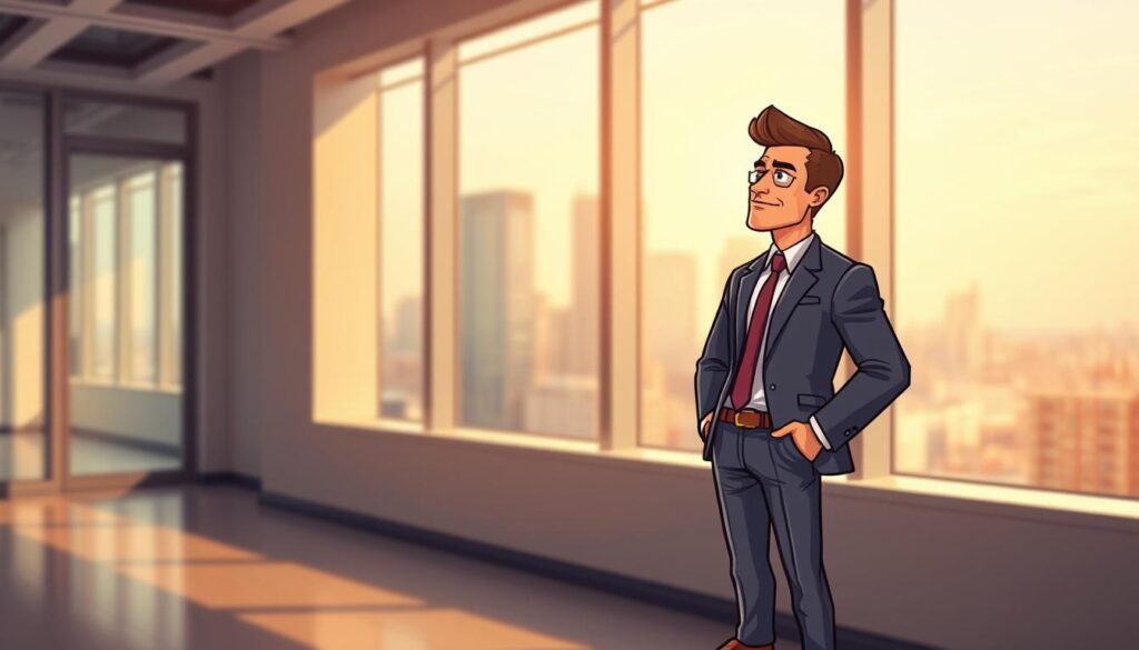 A confident, well-dressed individual standing in a modern, minimalist office environment, gazing out a large window overlooking a bustling cityscape. Warm, directional lighting illuminates their face, conveying a sense of determination and professionalism. The person's attire - a tailored suit, crisp shirt, and polished shoes - suggests a successful, experienced consultant ready to guide others on their AI journey. The background is blurred, focusing attention on the central figure, who embodies the transition from beginner to pro in the field of AI consulting.