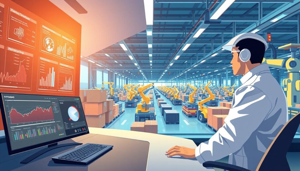 A cutting-edge AI control room, bathed in a warm, futuristic glow. In the foreground, a sleek dashboard displays real-time data visualizations, graphs, and predictive models for demand forecasting. The middle ground features engineers in crisp white lab coats, intently monitoring the systems and making adjustments. In the background, a sprawling factory floor bustles with activity, robotic arms and autonomous vehicles seamlessly coordinating supply chain logistics. Soft, directional lighting emphasizes the technological prowess, while the overall composition conveys a sense of efficiency, precision, and the transformative power of AI-driven demand forecasting solutions. A cutting-edge AI control room, bathed in a warm, futuristic glow. In the foreground, a sleek dashboard displays real-time data visualizations, graphs, and predictive models for demand forecasting. The middle ground features engineers in crisp white lab coats, intently monitoring the systems and making adjustments. In the background, a sprawling factory floor bustles with activity, robotic arms and autonomous vehicles seamlessly coordinating supply chain logistics. Soft, directional lighting emphasizes the technological prowess, while the overall composition conveys a sense of efficiency, precision, and the transformative power of AI-driven demand forecasting solutions.